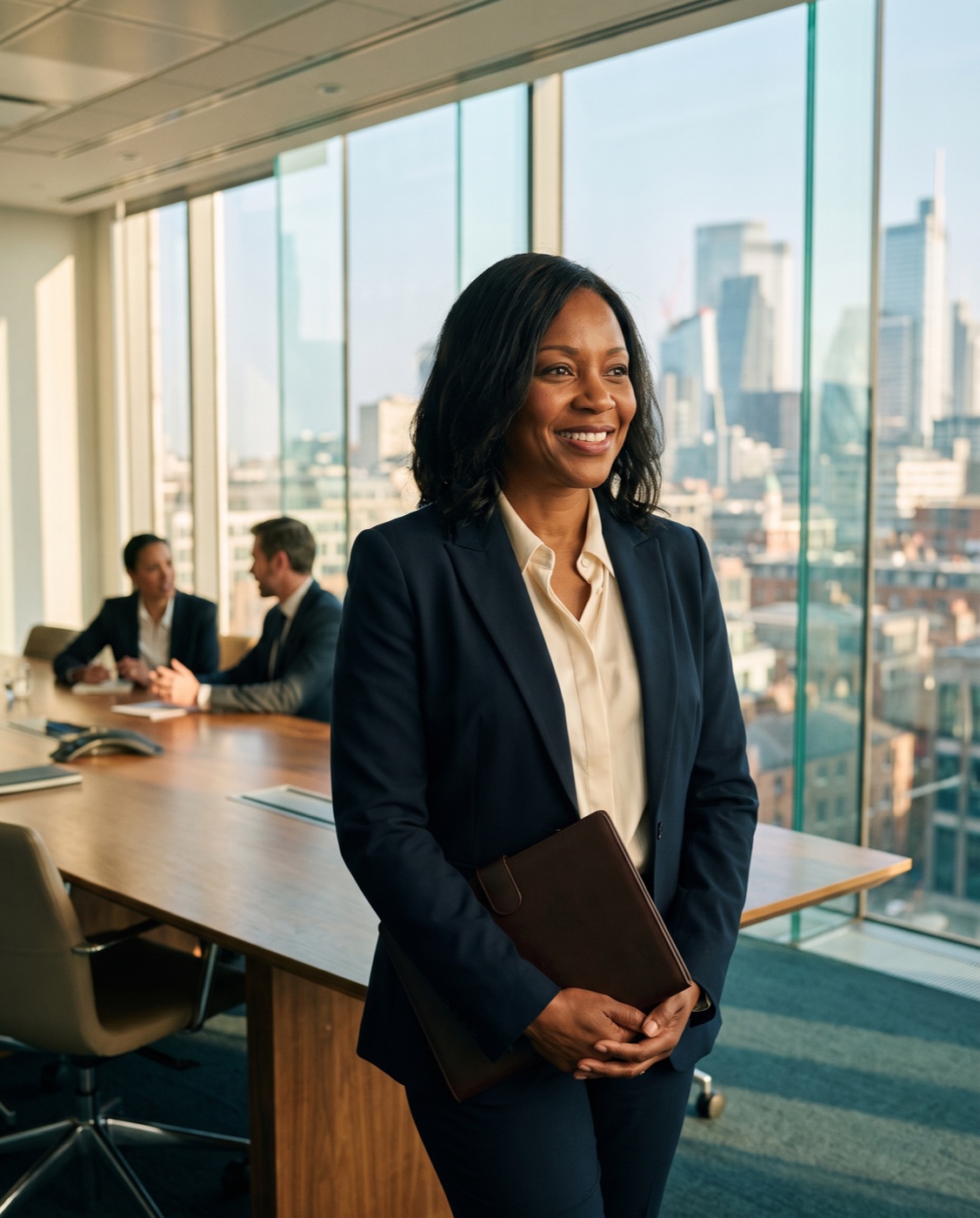 A senior partnerships director in a boardroom with her team