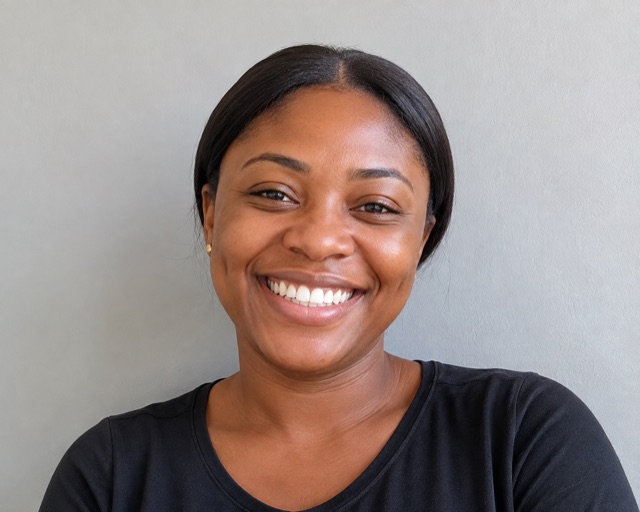 A portrait with a broad smile and teeth visible